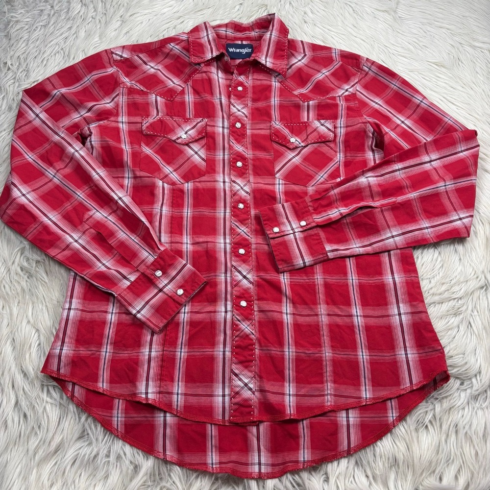 Vintage Wrangler Men's M  Red Plaid Pearl Snap Shirt LS Cowboy Western Americana